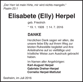 Traueranzeige von Elisabete Herpel von Trauerportal Echo Online