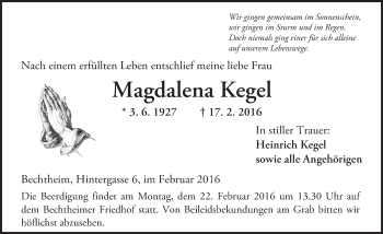 Traueranzeige von Magdalena Kegel von  Wormser Zeitung