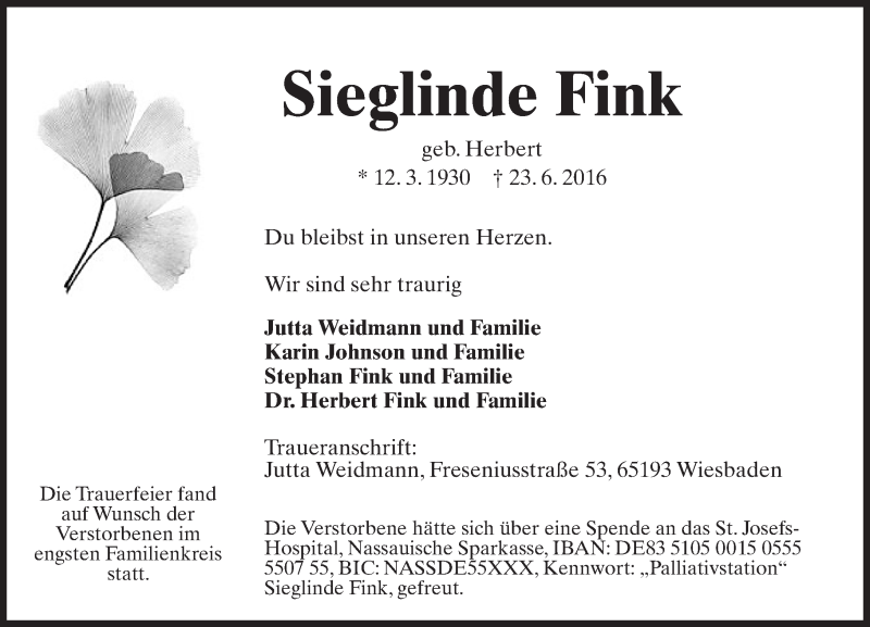  Traueranzeige für Sieglinde Fink vom 09.07.2016 aus Trauerportal Rhein Main Presse
