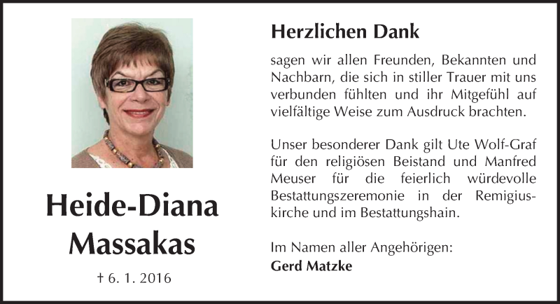  Traueranzeige für Heide-Diana Massakas vom 20.02.2016 aus  Sonntags Anzeiger