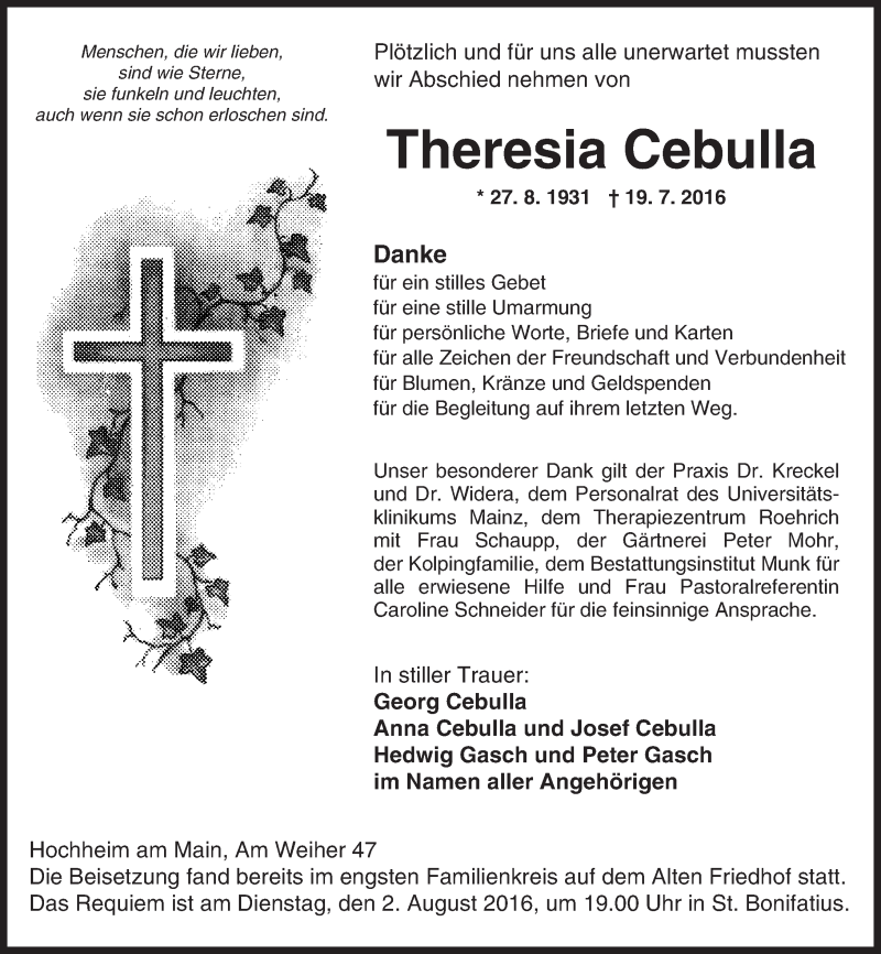  Traueranzeige für Theresia Cebulla vom 29.07.2016 aus Trauerportal Rhein Main Presse