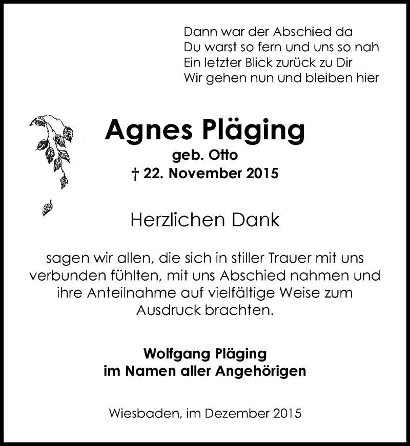  Traueranzeige für Agnes Pläging vom 12.12.2015 aus  Wiesbaden komplett