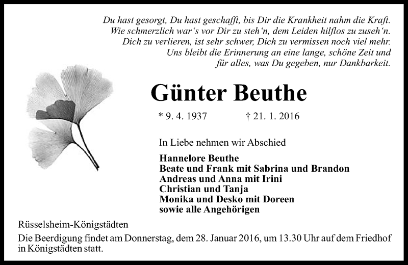  Traueranzeige für Günter Beuthe vom 23.01.2016 aus  Mainspitze