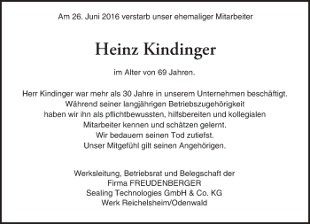 Traueranzeige von Heinz Kindinger von Trauerportal Echo Online