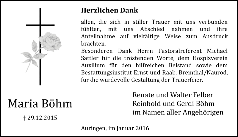  Traueranzeige für Maria Böhm vom 23.01.2016 aus  Wiesbaden komplett