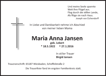 Traueranzeige von Maria Anna Jansen von  Wiesbaden komplett