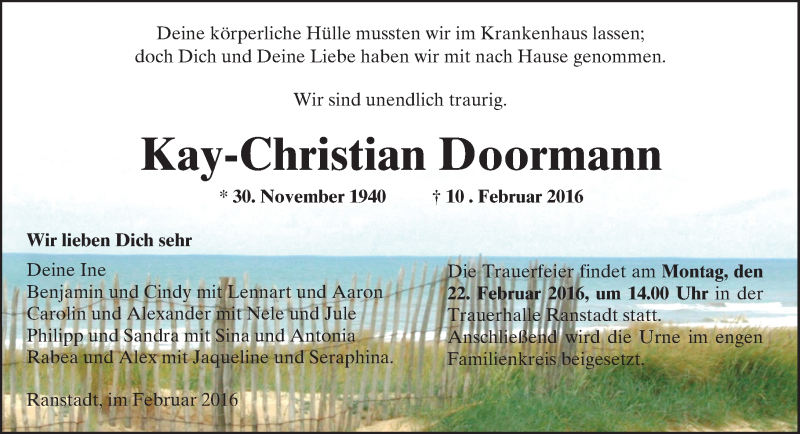  Traueranzeige für Kay-Christian Doormann vom 20.02.2016 aus  Kreisanzeiger