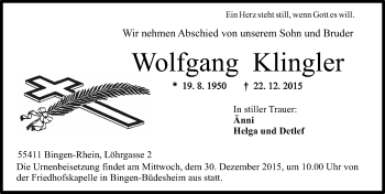 Traueranzeige von Wolfgang Klingler von  Allgemeine  Zeitung Ingelheim-Bingen