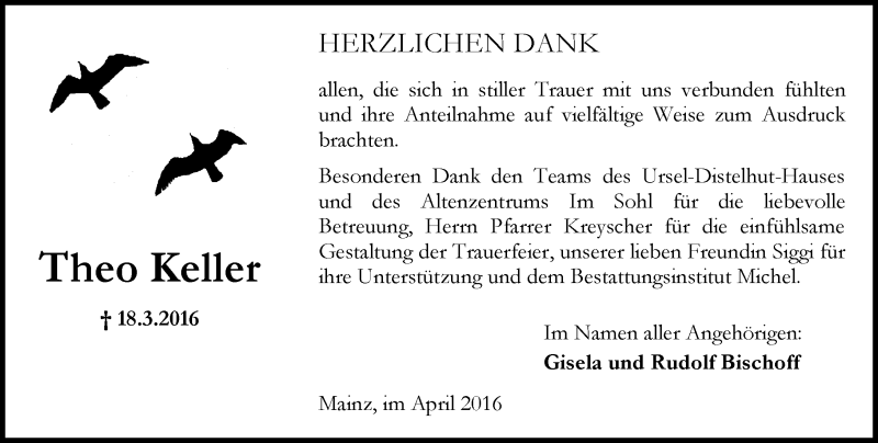  Traueranzeige für Theo Keller vom 02.04.2016 aus  Allgemeine Zeitung Mainz