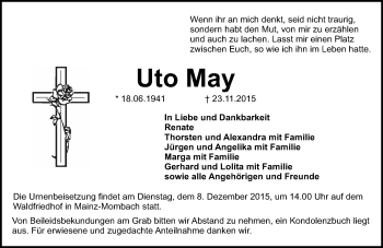 Traueranzeige von Uto May von  Allgemeine  Zeitung Ingelheim-Bingen