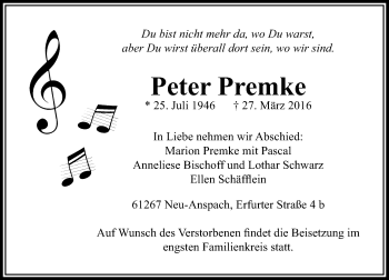 Traueranzeige von Peter Premke von  Usinger Anzeiger