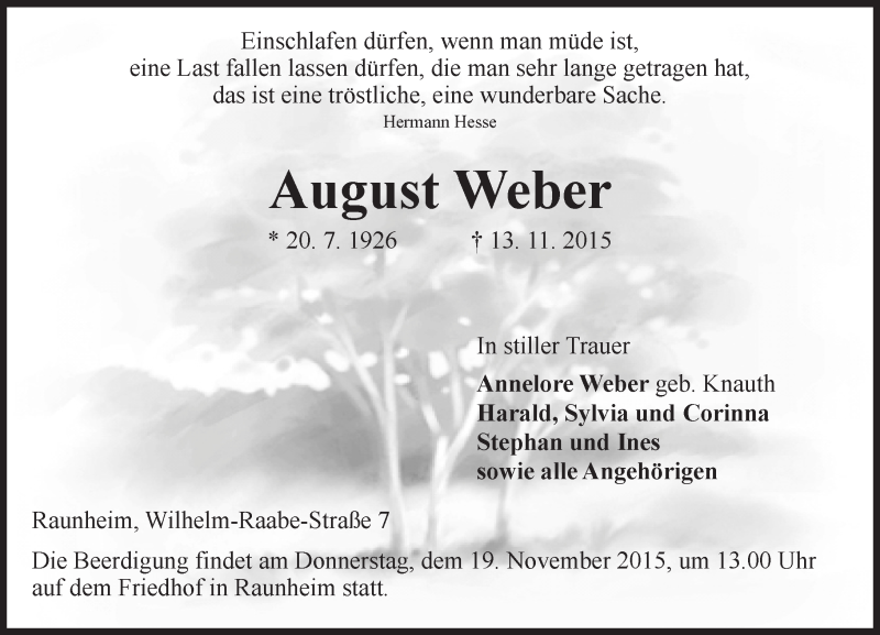  Traueranzeige für August Weber vom 17.11.2015 aus  Mainspitze