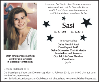 Traueranzeige von Saskia Schnarr von  Kreisanzeiger