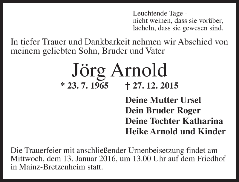  Traueranzeige für Jörg Arnold vom 09.01.2016 aus  Allgemeine Zeitung Mainz
