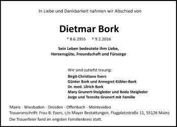 Traueranzeige von Dietmar Bork von  Allgemeine Zeitung Mainz