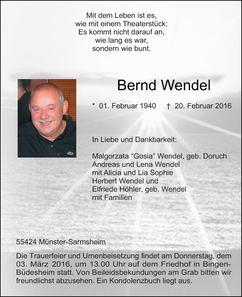  Traueranzeige für Bernd Wendel vom 27.02.2016 aus  Allgemeine  Zeitung Ingelheim-Bingen