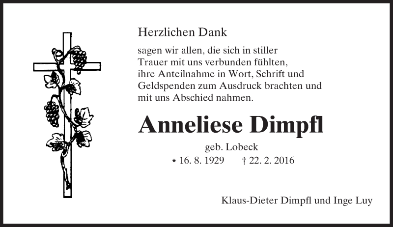  Traueranzeige für Anneliese Dimpfl vom 23.04.2016 aus  Landskrone