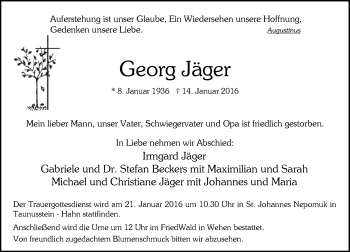 Traueranzeige von Georg Jäger von  WK-UTA/Aar-Bote