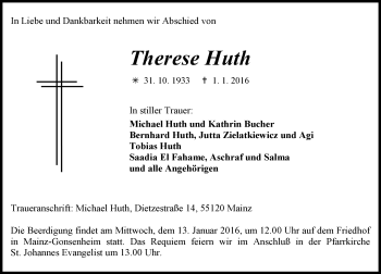 Traueranzeige von Therese Huth von  Allgemeine Zeitung Mainz