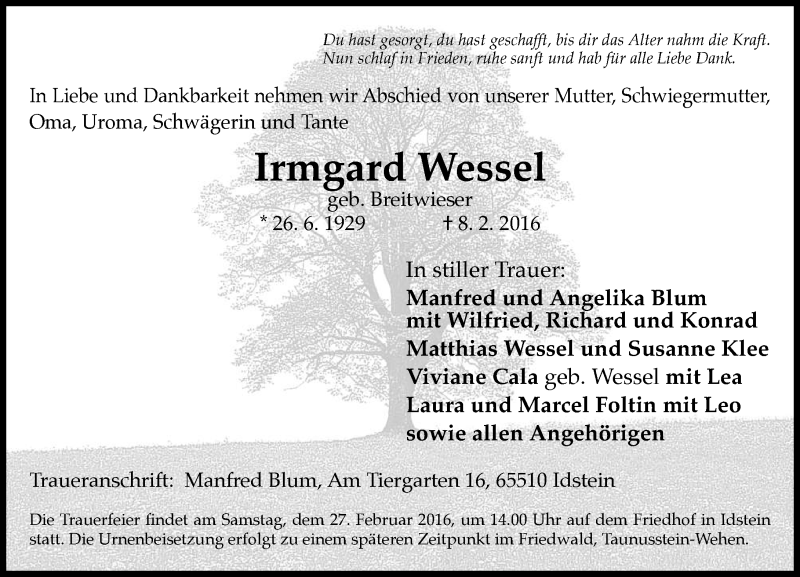  Traueranzeige für Irmgard Wessel vom 20.02.2016 aus  Idsteiner Zeitung