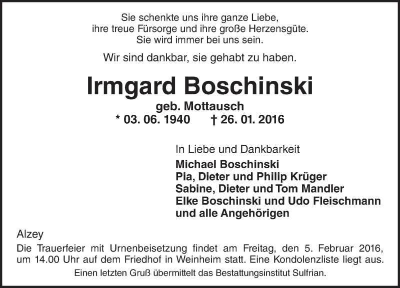  Traueranzeige für Irmgard Boschinski vom 29.01.2016 aus  Allgemeine Zeitung Alzey