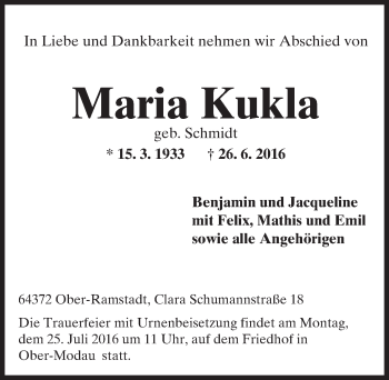 Traueranzeige von Maria Kukla von Trauerportal Echo Online