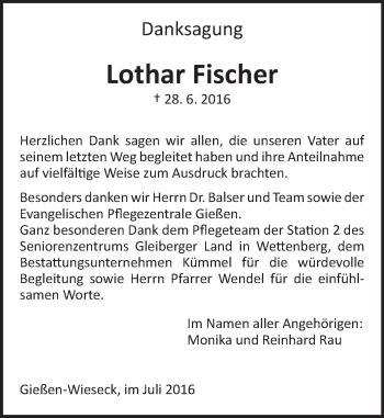 Traueranzeige von Lothar Fischer von  Gießener Anzeiger