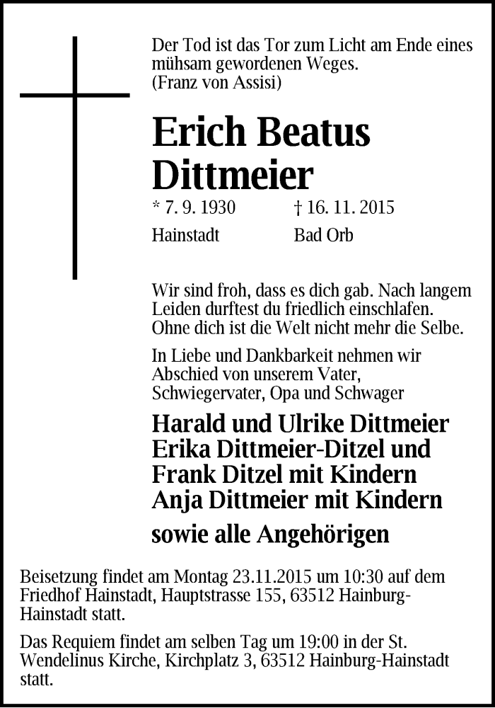  Traueranzeige für Erich Beatus Dittmeier vom 21.11.2015 aus  GT am Sonntag