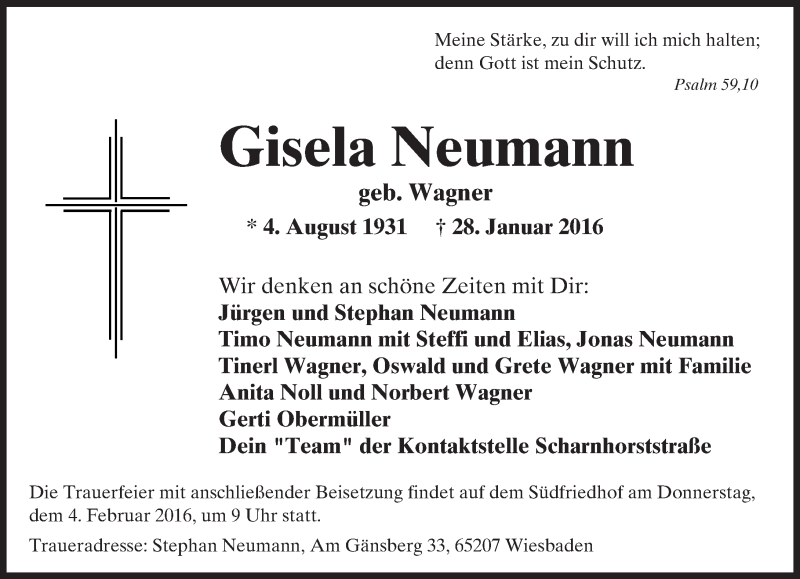 Traueranzeige für Gisela Neumann vom 03.02.2016 aus  Wiesbaden komplett