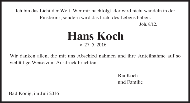  Traueranzeige für Hans Koch vom 20.07.2016 aus Trauerportal Echo Online