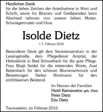 Traueranzeige von Isolde Dietz von  WK-UTA/Aar-Bote