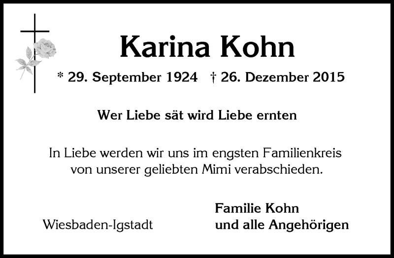  Traueranzeige für Karina Kohn vom 02.01.2016 aus  Wiesbaden komplett