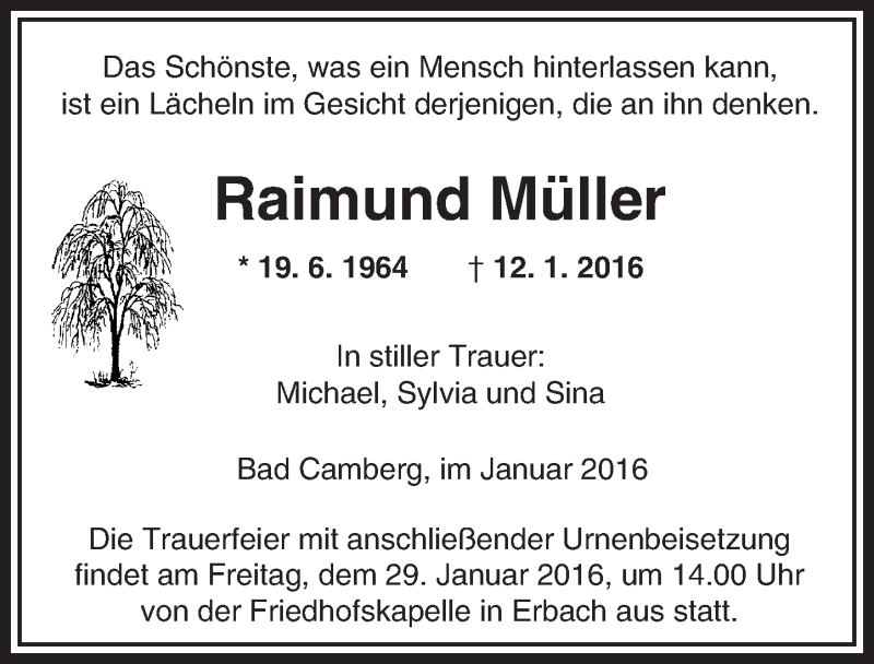  Traueranzeige für Raimund Müller vom 21.01.2016 aus  Camberger Anzeiger