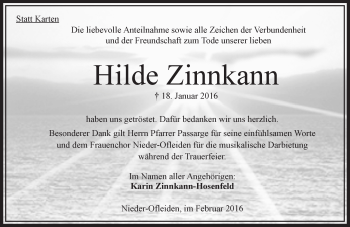 Traueranzeige von Hilde Zinnkann von  OK Oberhessen Kurier