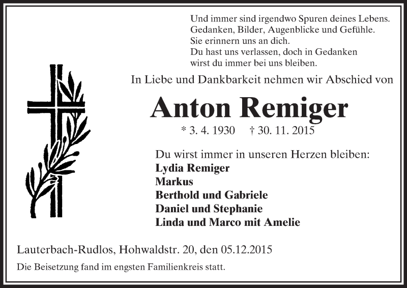  Traueranzeige für Anton Remiger vom 05.12.2015 aus VRM Trauer