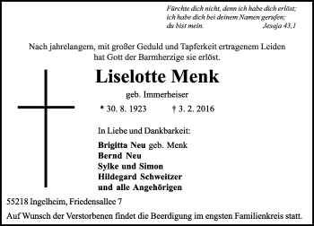 Traueranzeige von Liselotte Menk von  Allgemeine  Zeitung Ingelheim-Bingen