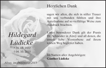 Traueranzeige von Hildegard Lüdicke von  Allgemeine Zeitung Alzey