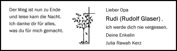 Traueranzeige von Rudolf Glaser von  Allgemeine Zeitung Mainz