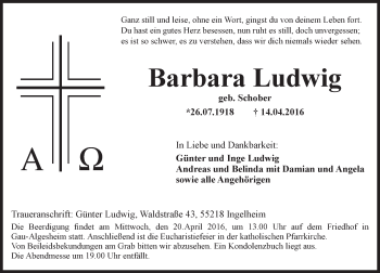 Traueranzeige von Barbara Ludwig von  Allgemeine  Zeitung Ingelheim-Bingen