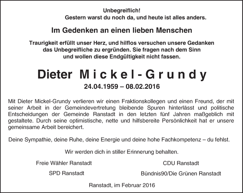  Traueranzeige für Dieter Mickel-Grundy vom 19.02.2016 aus  Kreisanzeiger