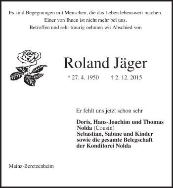 Traueranzeige von Roland Jäger von  Allgemeine Zeitung Mainz