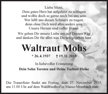 Traueranzeige von Waltraut Mohs von  Allgemeine Zeitung Mainz