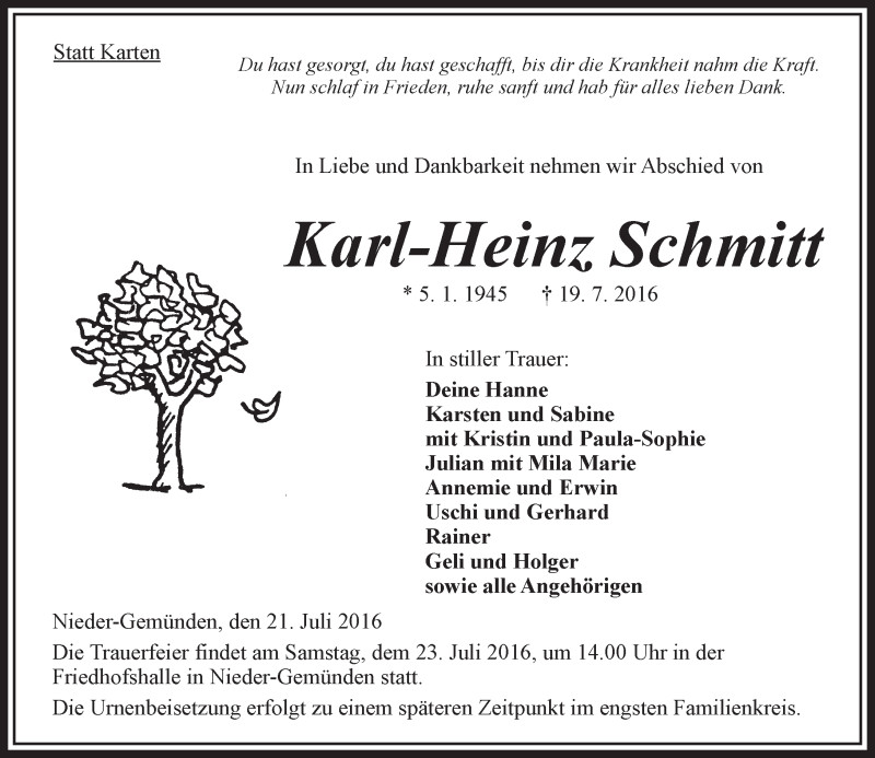  Traueranzeige für Karl-Heinz Schmitt vom 21.07.2016 aus VRM Trauer