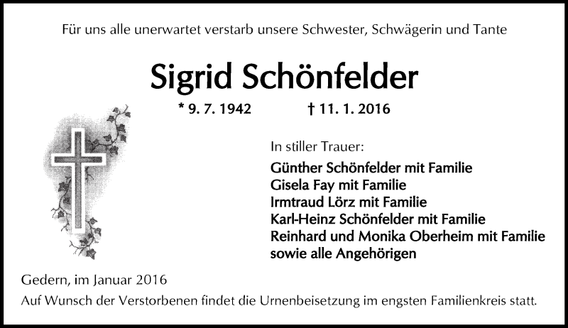  Traueranzeige für Sigrid Schönfelder vom 16.01.2016 aus  Kreisanzeiger