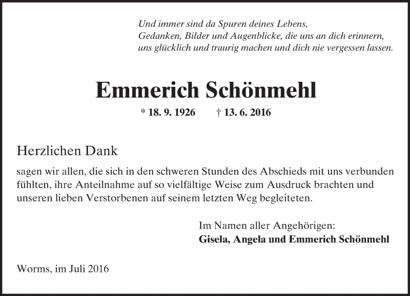  Traueranzeige für Emmerich Schönmehl vom 22.07.2016 aus Trauerportal Rhein Main Presse