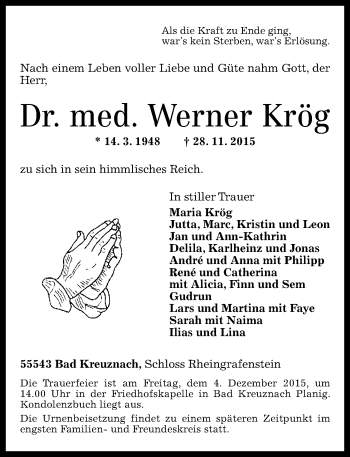 Traueranzeige von Werner Krög von  Allg. Zeitung Bad Kreuznach
