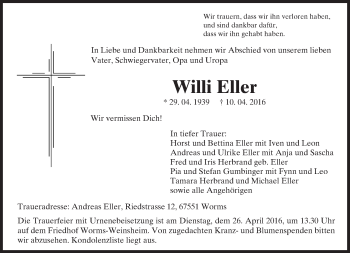 Traueranzeige von Willi Eller von  Wormser Zeitung