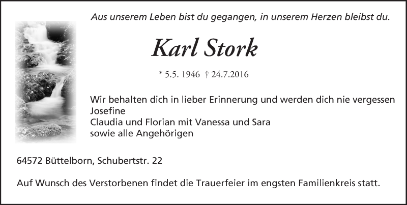  Traueranzeige für Karl Stork vom 30.07.2016 aus Trauerportal Echo Online