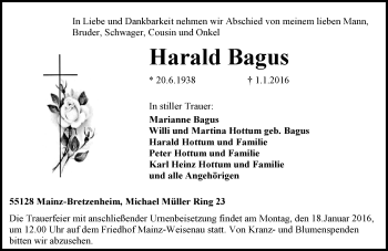 Traueranzeige von Harald Bagus von  Allgemeine Zeitung Mainz