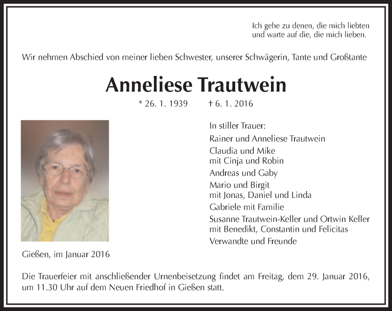  Traueranzeige für Anneliese Trautwein vom 23.01.2016 aus  Gießener Anzeiger